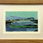 framed painting of a home and landscape with pale yellow border