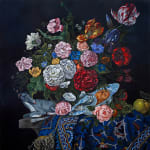 Oil painting of a still life featuring a bouquet of flowers, a grey dog, and an ornately patterned blue cloth against a black background by Sabrina Bockler