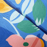detail of Annie Duncan painting of clear nail polish bottle - open with brush on side. Bright floral background