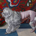 Detail image of the small white dog in the oil painting by Sabrina Bockler