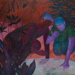 Painting by Genevieve Cohn depicting two women examining something near a pool of water