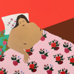 painting of a large nude brown woman in a bed with floral bedding in various bright colors in a bright red room by Gina M. Contreras