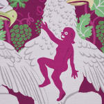 Detail of Oona Brangam-Snell hand-woven embroidery of eagles, grapes, and figures climbing