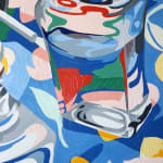 detail of Annie Duncan painting of clear nail polish bottle - open with brush on side. Bright floral background