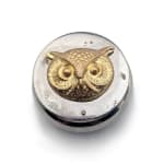 Silver round compact with gold owl face