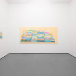 White gallery walls with paintings by Danym Kwon including a large triptych