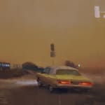 Kim Cogan painting of yellow car next to beach