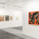 Installation view of a gallery wall with various artworks installed for the Doggone Delightful group exhibition at Hashimoto Contemporary San Francisco