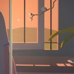 detail of a painting on a wooden room divider by artist Adrian Kay Wong depicting layered composition of an interior setting with two individuals sitting at a table, obscured by a partially opened door and door frame respectively