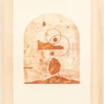 Madeleine Tonzi - Traced print in shades of red of floating and layering landscapes, rocks, and abstract shapes above mountains at the horizon.