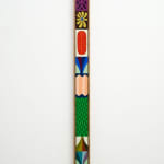 Vertical painting with small designed stacked on top of each other featuring a yellow flower, a red feather, a sun, a checkered green design, a diamond shaped design and a blue flower