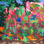 painting of multiple plant shelves full of various house plants by Nicholas Bono Kennedy