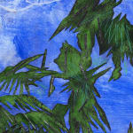 close up of palm trees on a dark blue background
