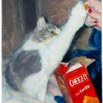 Ester Tuva - Painting of a cat reaching for a piece of Cheezit from a human hand.