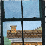 painting of the roof of a home as the view out of a window