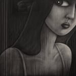black and white close up painting of a girl in a hallway from her chest to the her eyes