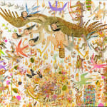 Painting by Mu Pan of creatures, animals and human hybrids eating, sleeping, killing, flying and climbing