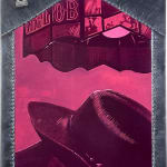 Painting of a figure wearing a cowboy hat looking down, above its head is a bar lamp in pink tones