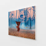 Painting of a misty forest with blue trees and pink sky, floating above a pebbled ground is an abstract brown and red object