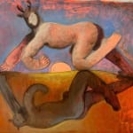 Carlos Rodriguez - painting on paper of a nude man crawling towards the left side of the painting with his one leg straight and the other bended on a mirror surface with clear reflections. He is wearing dear horn with blue background and in the reflection wearing a fox mask with orange background. In between the gap between his posture is the half sun at horizon and in the center of the paper.