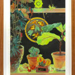framed still life painting of a window sill with plants and birds