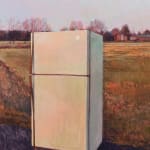 Painting of a white refrigerator on the side of the road on browning grass. In the distance are bare trees and a dimly lite full moon.