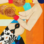 Two tapestries with paintings of two topless woman wearing colorful patterned pants, cowboy hats, eye masks and boxing gloves. One is taking a swing at the others faces.