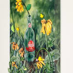 side view of a painting of a vintage Dr. Pepper bottle with sculptural yellow daisies by Nic Dyer