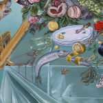 Detail of Sabrina Bockler painting of feast on table, flowers, fruit, lobsters, etc