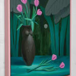 Corey Lamb painting of black vase shaped like female figure, filled with pink tulips, green foliage background (side angle)