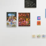 Installation view of a gallery wall with various artworks installed in a salon-style at Hashimoto Contemporary San Francisco
