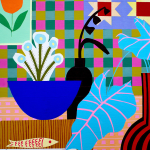 Still life painting of an interior with a blue vase with a blue plant with a table with a stack of books and a yellow fish. In the background is a green, pink and yellow checkered wall with a painting of a tulip.