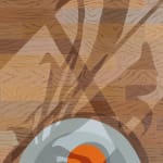 detail of Natalia Juncadella painting of wood floors, shadows, orchid and white plate with oranges