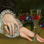 Painting of a woman's hands crossed, one of them with an elaborate gold ring and the other holding the base of a crystal glass by Sabrina Bockler