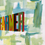 Painting with large green, yellow and blue brush stroke throughout the background with the words "THE KARMA FARMER" in large letter in various colors in the center