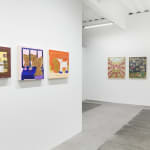 Installation view of a gallery wall with various artworks installed for the Doggone Delightful group exhibition at Hashimoto Contemporary San Francisco