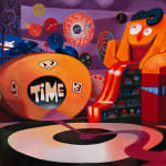 Painting of a studio set with a black and white swirling floor, a slide that is a long tongue coming out of a figures mouth, and veiny eye ball clock