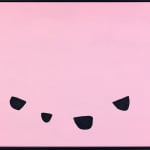 Stuart Pittman's painting if four black shapes on a pink background
