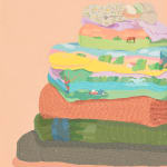 Danym Kwon - Painting of stacked clothes. Some clothes are patterned with sceneries of nature. The background is solid pastel orange.