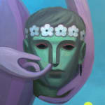 Painting of a purple person holding a teal sculptural head with a floral crown by Corey K. Lamb