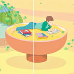 Dany Kwon - detail of the painting "The Season of You, My Dear", a person laying on a bowl of noodle reading