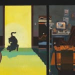 a cat illuminated in an interior space