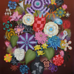 Casey Gray - Spray Painting of vibrant flowers in vase in front of black and red gradient background.
