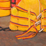 Painting of a bunch of bright orange and yellow life vest on the ground leaning up against a garage door.