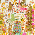 Detail shot of a painting by Mu Pan of creatures, animals and human hybrids eating, sleeping, killing, flying and climbing