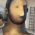 one male figure lookout out with another male figure with his back turned behind him detail