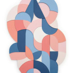 Free form multicolor wood sculptural piece made up of spiral shapes and curves by artist Scott Albrecht