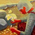 painting of a person holding three flowers and yellow petals surrounding the floor by their feet by Genevieve Cohn