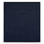 Framed deep blue colored wood relief sculptural piece made up of spiral shapes and curves by artist Scott Albrecht