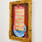 N Dyer painting of a tall slice of pink cake in a gold frame, ants crawl from the cack to the outside of the frame